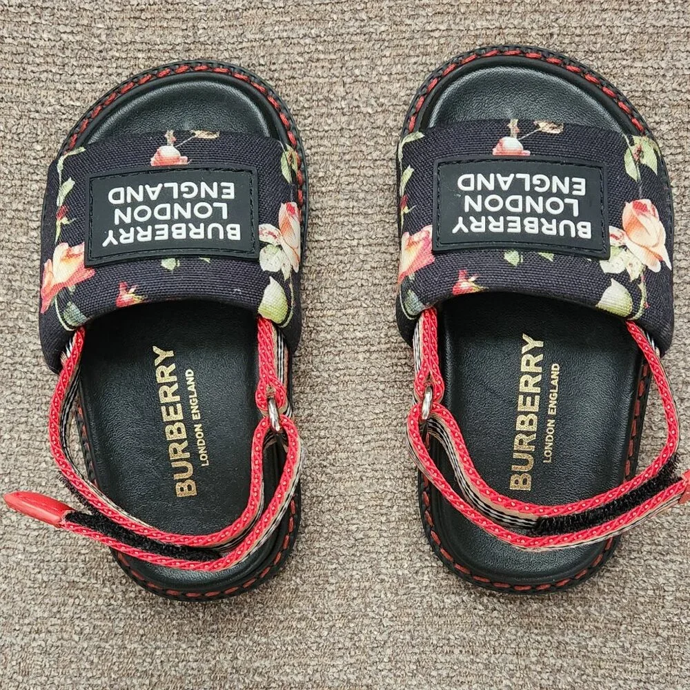Burberry Black Floral Baby Walker Sandals with Red Accents